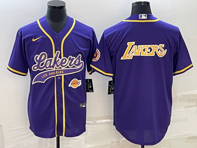 Men's Los Angeles Lakers Purple Big Logo With Patch Cool Base Stitched Baseball Jersey Men's Los Angeles Lakers Purple Big Logo With Patch Cool Base Stitched Baseball Jersey